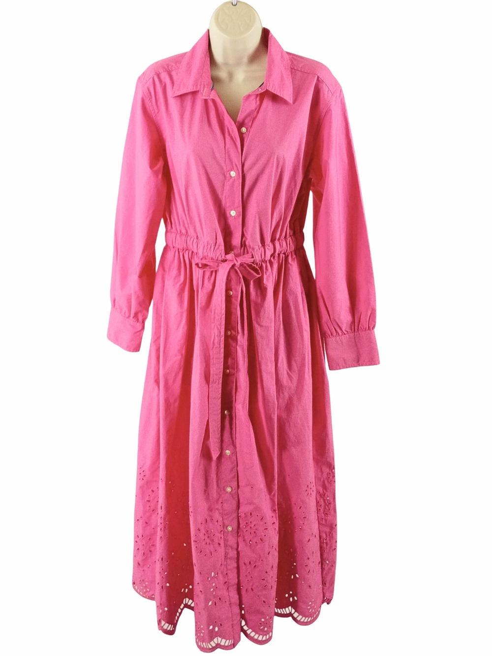 Women's Pink Button-Front Midi Shirt Dress with Drawstring Waist